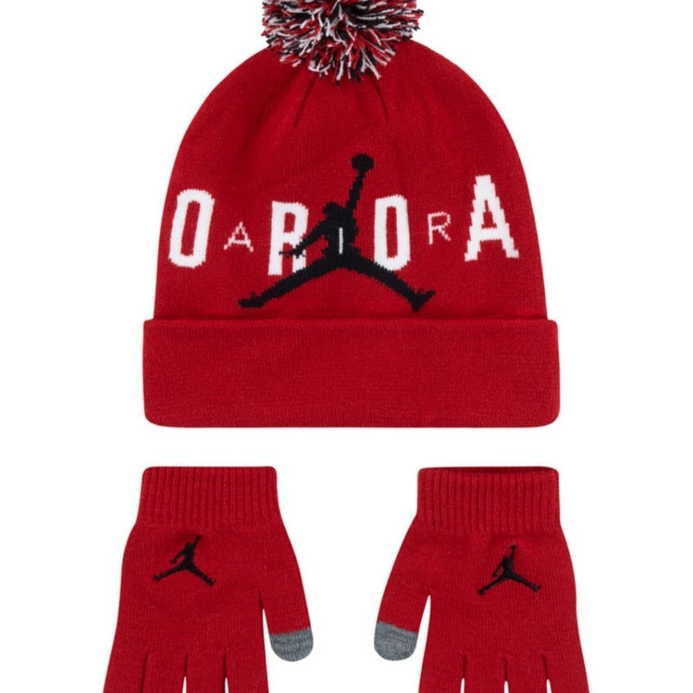 Jordan Pom Beanie & Glove Set- Red/Black